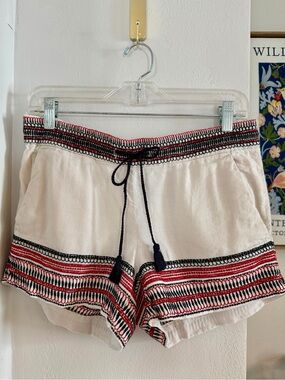 LOFT Ivory Linen-Blend Embroidered Trim Shorts XS